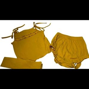 24 Months Mustard Yellow Girls Sun 3 piece Outfit Shirt Bottoms Tie for headband